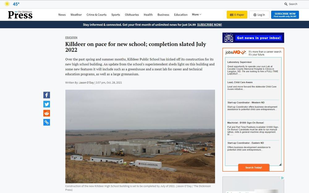 New School Construction Update Killdeer Public School